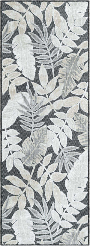Black 2' 2 x 6' 1 Outdoor Botanical Runner Area Rug Weather Resistant for Patio, Deck, Terrace, Balcony, Porch Polypropylene Garden Floral Tropical Carpet for Sale at Rug Engine