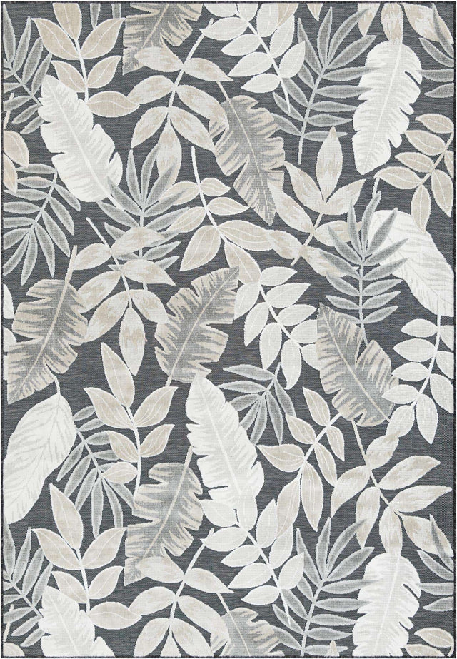 Black 6' 4 x 9' Outdoor Botanical Rectangle Area Rug Weather Resistant for Patio, Deck, Terrace, Balcony, Porch Polypropylene Garden Floral Tropical Carpet for Sale at Rug Engine