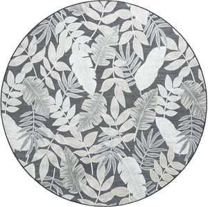 Black 8' 2 x 8' 2 Outdoor Botanical Round Area Rug Weather Resistant for Patio, Deck, Terrace, Balcony, Porch Polypropylene Garden Floral Tropical Carpet for Sale at Rug Engine