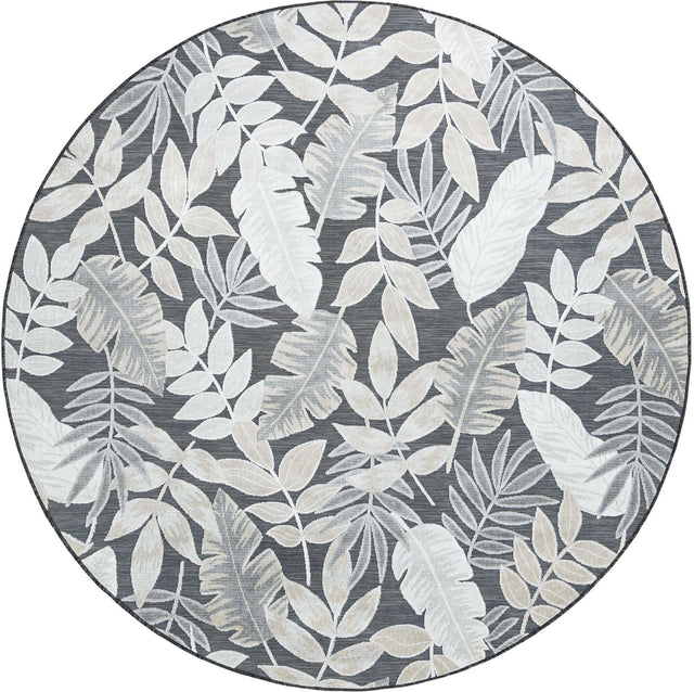 Black 8' 2 x 8' 2 Outdoor Botanical Round Area Rug Weather Resistant for Patio, Deck, Terrace, Balcony, Porch Polypropylene Garden Floral Tropical Carpet for Sale at Rug Engine