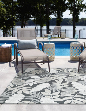 Black 8' 2 x 8' 2 Outdoor Botanical Square Area Rug Weather Resistant for Patio, Deck, Terrace, Balcony, Porch Polypropylene Garden Floral Tropical Carpet for Sale at Rug Engine