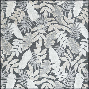 Black 8' 2 x 8' 2 Outdoor Botanical Square Area Rug Weather Resistant for Patio, Deck, Terrace, Balcony, Porch Polypropylene Garden Floral Tropical Carpet for Sale at Rug Engine