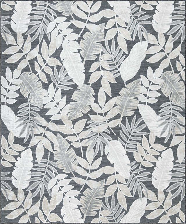 Black 8' 2 x 10' Outdoor Botanical Rectangle Area Rug Weather Resistant for Patio, Deck, Terrace, Balcony, Porch Polypropylene Garden Floral Tropical Carpet for Sale at Rug Engine