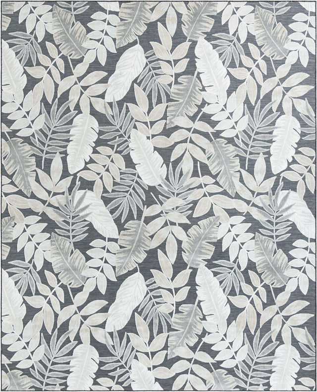 Black 9' 9 x 12' Outdoor Botanical Rectangle Area Rug Weather Resistant for Patio, Deck, Terrace, Balcony, Porch Polypropylene Garden Floral Tropical Carpet for Sale at Rug Engine