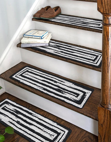 13 pcs Black and White 0' 9 x 2' 6 Braided Chindi Indoor Stair Treads Accent Area Rug Staircase Set 100% Cotton Hand Braided Natural Eco-Friendly Boho Style Modern Carpet for Living Rooms Dining Office Dorm for Sale at Rug Engine
