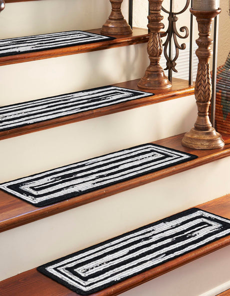 13 pcs Black and White 0' 9 x 2' 6 Braided Chindi Indoor Stair Treads Accent Area Rug Staircase Set 100% Cotton Hand Braided Natural Eco-Friendly Boho Style Modern Carpet for Living Rooms Dining Office Dorm for Sale at Rug Engine