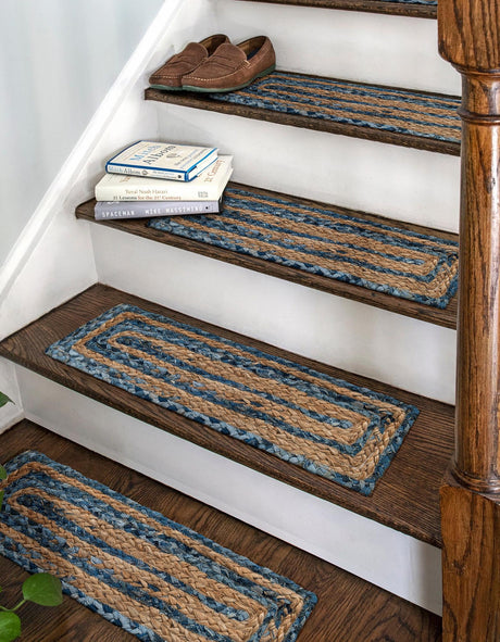 13 pcs Blue and Natural 0' 9 x 2' 6 Braided Chindi Indoor Stair Treads Accent Area Rug Staircase Set 100% Cotton Hand Braided Natural Eco-Friendly Boho Style Modern Carpet for Living Rooms Dining Office Dorm for Sale at Rug Engine