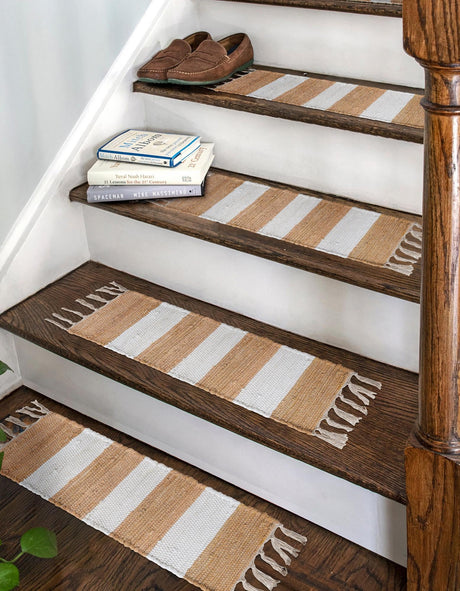 13 pcs Beige 0' 9 x 2' 6 Chindi Rag Indoor Stair Treads Accent Area Rug Staircase Set 100% Cotton All Natural Eco-Friendly Carpet Mat Decor for Homes for Sale at Rug Engine