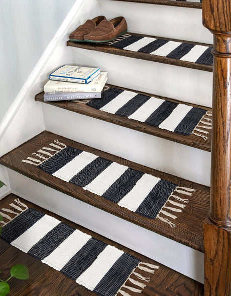 13 pcs Navy Blue 0' 9 x 2' 6 Chindi Rag Indoor Stair Treads Accent Area Rug Staircase Set 100% Cotton All Natural Eco-Friendly Carpet Mat Decor for Homes for Sale at Rug Engine