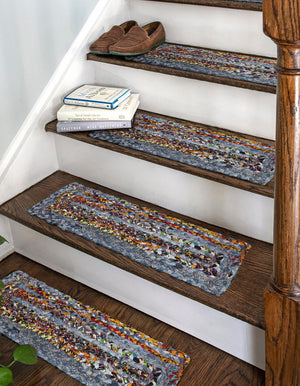 13 Pcs Blue and Multicolor 1' x 2' 6 Braided Chindi Stair Treads