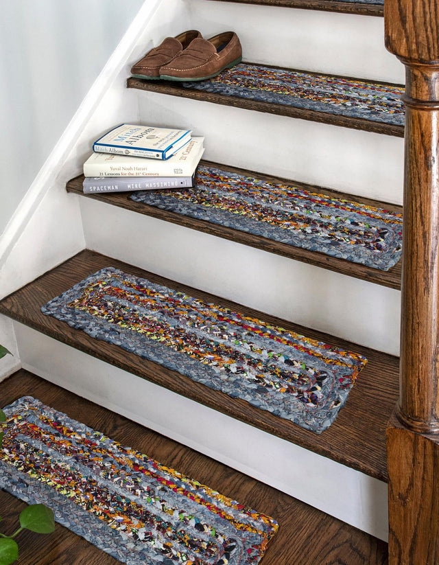 13 Pcs Blue and Multicolor 1' x 2' 6 Braided Chindi Stair Treads