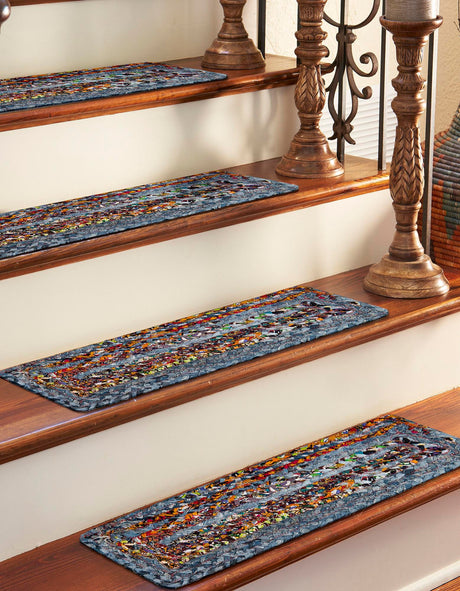 13 pcs Blue and Multicolor 0' 9 x 2' 6 Braided Chindi Indoor Stair Treads Accent Area Rug Staircase Set 100% Cotton Hand Braided Natural Eco-Friendly Boho Style Modern Carpet for Living Rooms Dining Office Dorm for Sale at Rug Engine