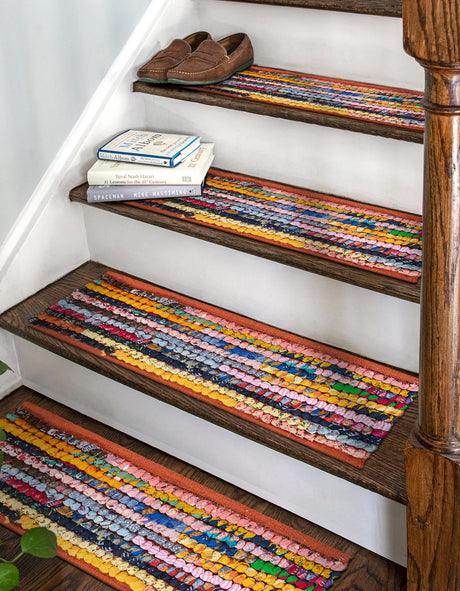 13 pcs Multicolor 0' 9 x 2' 6 Braided Chindi Indoor Stair Treads Accent Area Rug Staircase Set 100% Cotton Hand Braided Natural Eco-Friendly Boho Style Modern Carpet for Living Rooms Dining Office Dorm for Sale at Rug Engine