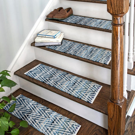 13 pcs Denim 0' 9 x 2' 6 Chindi Chevron Indoor Stair Treads Accent Area Rug Staircase Set 100% Denim Cotton All Natural Modern Geometric Carpet Dining Living Rooms Bathroom Dorm Decor for Sale at Rug Engine