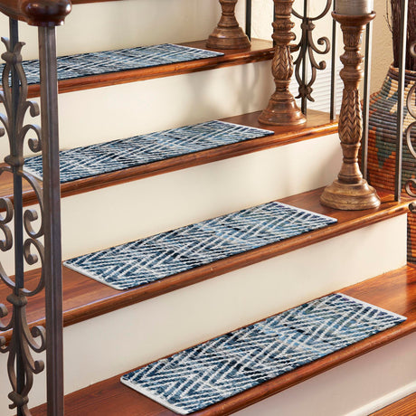 13 pcs Denim 0' 9 x 2' 6 Chindi Chevron Indoor Stair Treads Accent Area Rug Staircase Set 100% Denim Cotton All Natural Modern Geometric Carpet Dining Living Rooms Bathroom Dorm Decor for Sale at Rug Engine