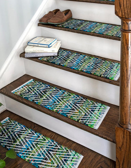 13 pcs Green 0' 9 x 2' 6 Chindi Chevron Indoor Stair Treads Accent Area Rug Staircase Set 100% Denim Cotton All Natural Modern Geometric Carpet Dining Living Rooms Bathroom Dorm Decor for Sale at Rug Engine