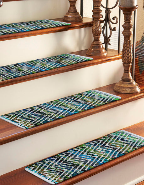 13 pcs Green 0' 9 x 2' 6 Chindi Chevron Indoor Stair Treads Accent Area Rug Staircase Set 100% Denim Cotton All Natural Modern Geometric Carpet Dining Living Rooms Bathroom Dorm Decor for Sale at Rug Engine