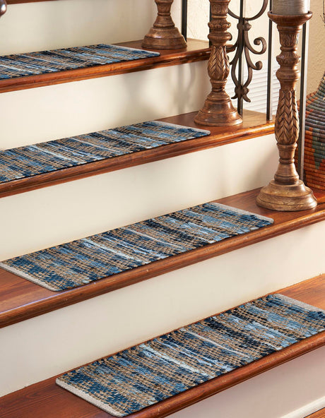 13 pcs Navy Blue 0' 9 x 2' 6 Chindi Jute Indoor Stair Treads Accent Area Rug Staircase Set Interior Design Home Decor Carpet Mat for Sale at Rug Engine