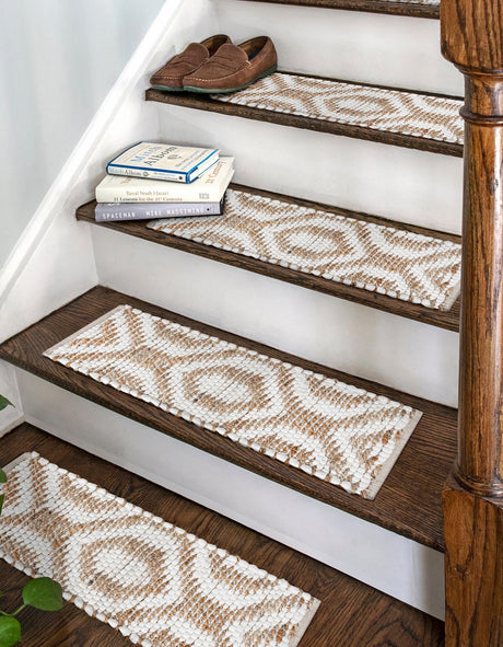 13 pcs White 0' 9 x 2' 6 Chindi Jute Indoor Stair Treads Accent Area Rug Staircase Set Interior Design Home Decor Carpet Mat for Sale at Rug Engine