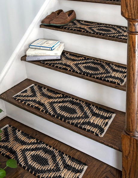 13 pcs Black 0' 9 x 2' 6 Chindi Jute Indoor Stair Treads Accent Area Rug Staircase Set Interior Design Home Decor Carpet Mat for Sale at Rug Engine