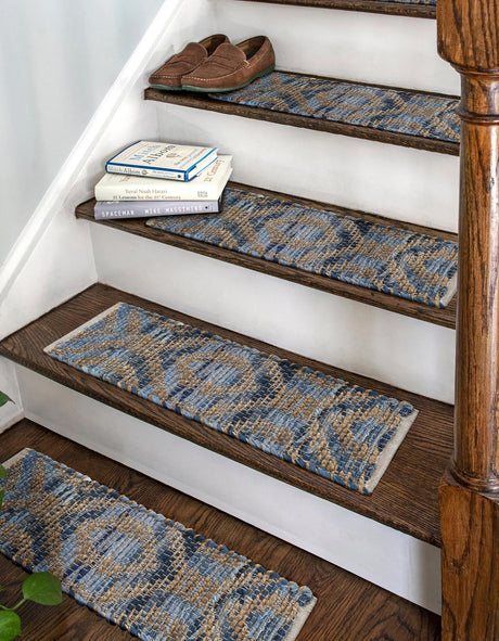 13 pcs Navy Blue 0' 9 x 2' 6 Chindi Jute Indoor Stair Treads Accent Area Rug Staircase Set Interior Design Home Decor Carpet Mat for Sale at Rug Engine