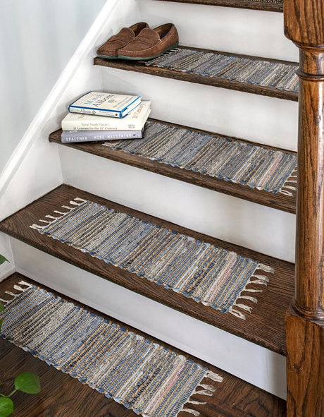 13 pcs Blue 0' 9 x 2' 6 Chindi Jute Indoor Stair Treads Accent Area Rug Staircase Set Interior Design Home Decor Carpet Mat for Sale at Rug Engine