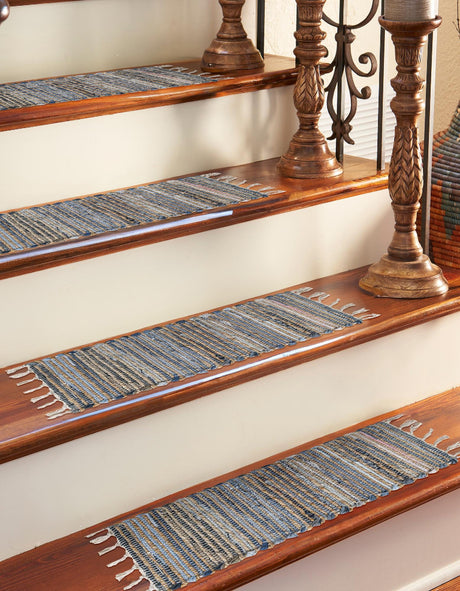 13 pcs Blue 0' 9 x 2' 6 Chindi Jute Indoor Stair Treads Accent Area Rug Staircase Set Interior Design Home Decor Carpet Mat for Sale at Rug Engine