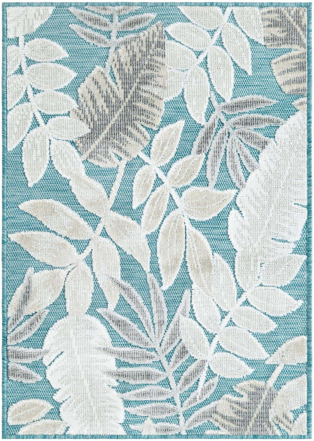 Light Blue 2' 2 x 3' 1 Outdoor Botanical Rectangle Area Rug Weather Resistant for Patio, Deck, Terrace, Balcony, Porch Polypropylene Garden Floral Tropical Carpet for Sale at Rug Engine