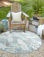 Light Blue 8' 2 x 8' 2 Outdoor Botanical Round Area Rug Weather Resistant for Patio, Deck, Terrace, Balcony, Porch Polypropylene Garden Floral Tropical Carpet for Sale at Rug Engine