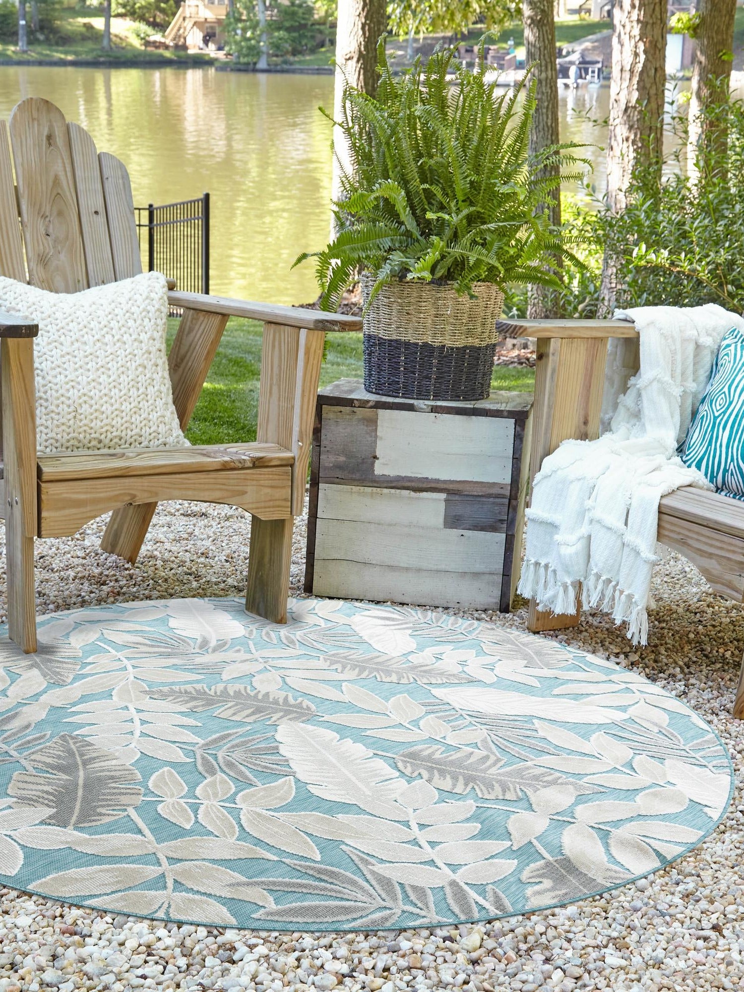 Light Blue 4' 5 x 4' 5 Outdoor Botanical Round Area Rug Weather Resistant for Patio, Deck, Terrace, Balcony, Porch Polypropylene Garden Floral Tropical Carpet for Sale at Rug Engine