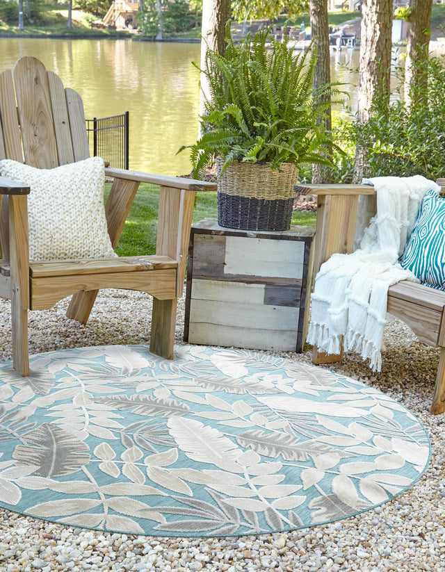 Light Blue 4' 5 x 4' 5 Outdoor Botanical Round Area Rug Weather Resistant for Patio, Deck, Terrace, Balcony, Porch Polypropylene Garden Floral Tropical Carpet for Sale at Rug Engine