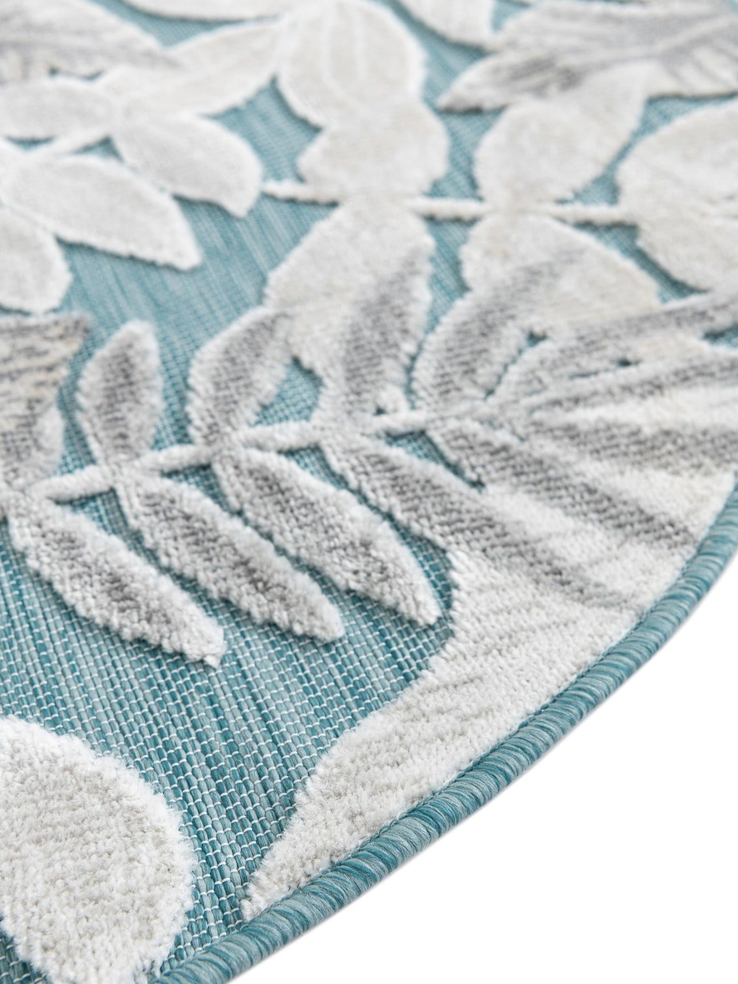Light Blue 4' 5 x 4' 5 Outdoor Botanical Round Area Rug Weather Resistant for Patio, Deck, Terrace, Balcony, Porch Polypropylene Garden Floral Tropical Carpet for Sale at Rug Engine