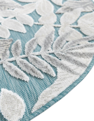 Light Blue 4' 5 x 4' 5 Outdoor Botanical Round Area Rug Weather Resistant for Patio, Deck, Terrace, Balcony, Porch Polypropylene Garden Floral Tropical Carpet for Sale at Rug Engine