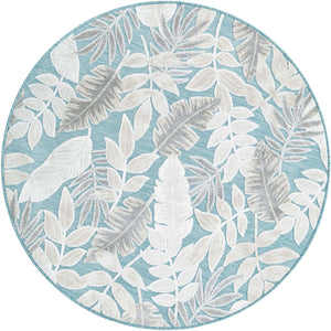 Light Blue 4' 5 x 4' 5 Outdoor Botanical Round Area Rug Weather Resistant for Patio, Deck, Terrace, Balcony, Porch Polypropylene Garden Floral Tropical Carpet for Sale at Rug Engine