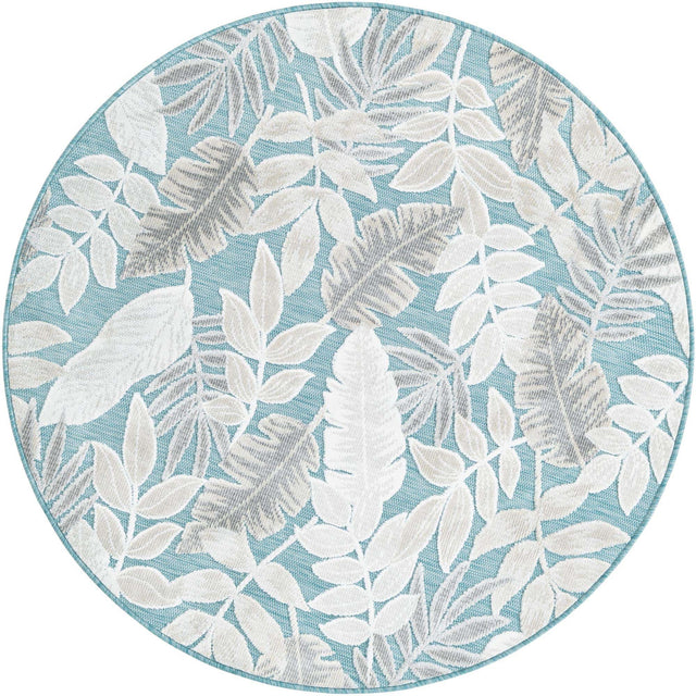 Light Blue 4' 5 x 4' 5 Outdoor Botanical Round Area Rug Weather Resistant for Patio, Deck, Terrace, Balcony, Porch Polypropylene Garden Floral Tropical Carpet for Sale at Rug Engine