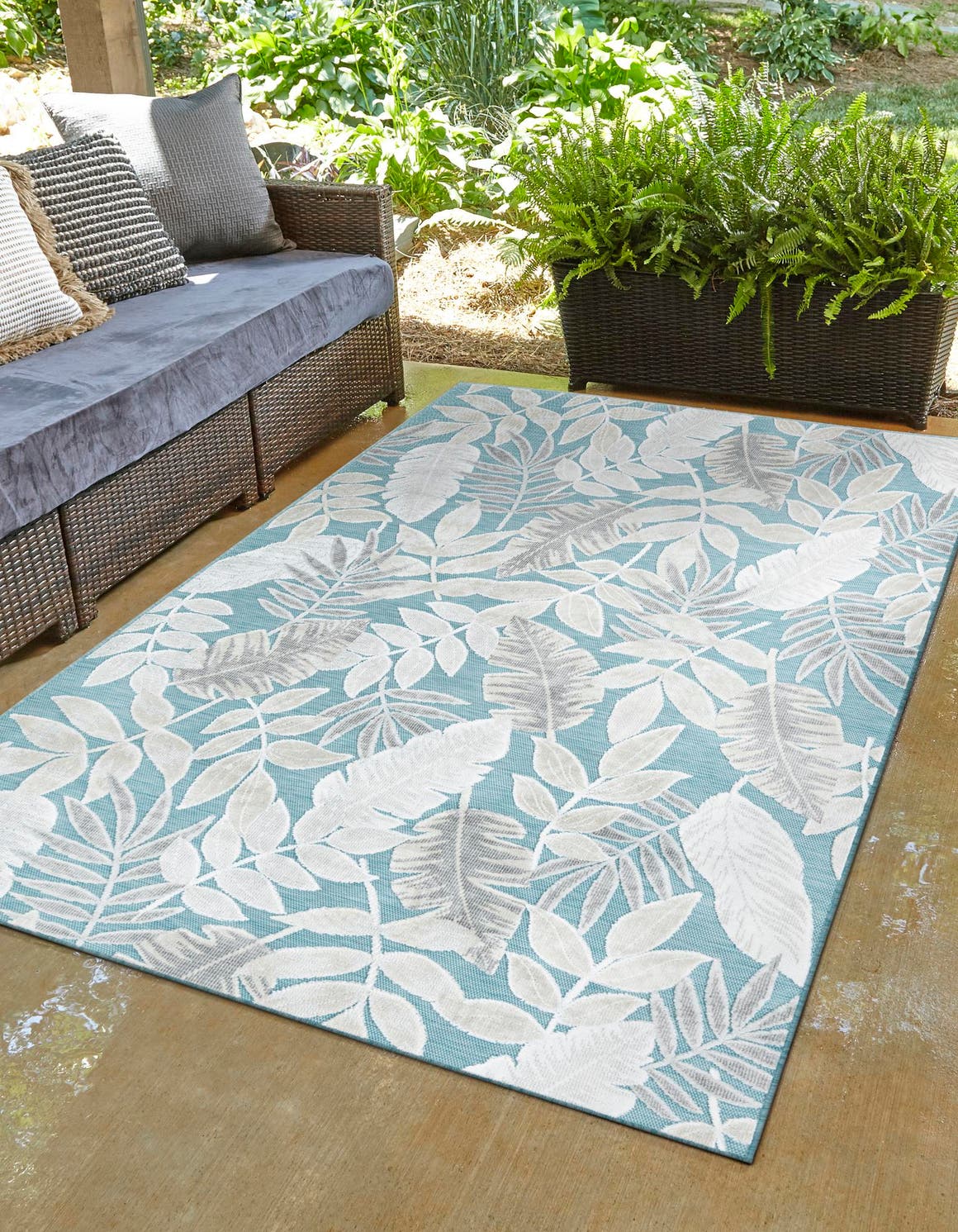 Light Blue 2' 2 x 3' 1 Outdoor Botanical Rectangle Area Rug Weather Resistant for Patio, Deck, Terrace, Balcony, Porch Polypropylene Garden Floral Tropical Carpet for Sale at Rug Engine