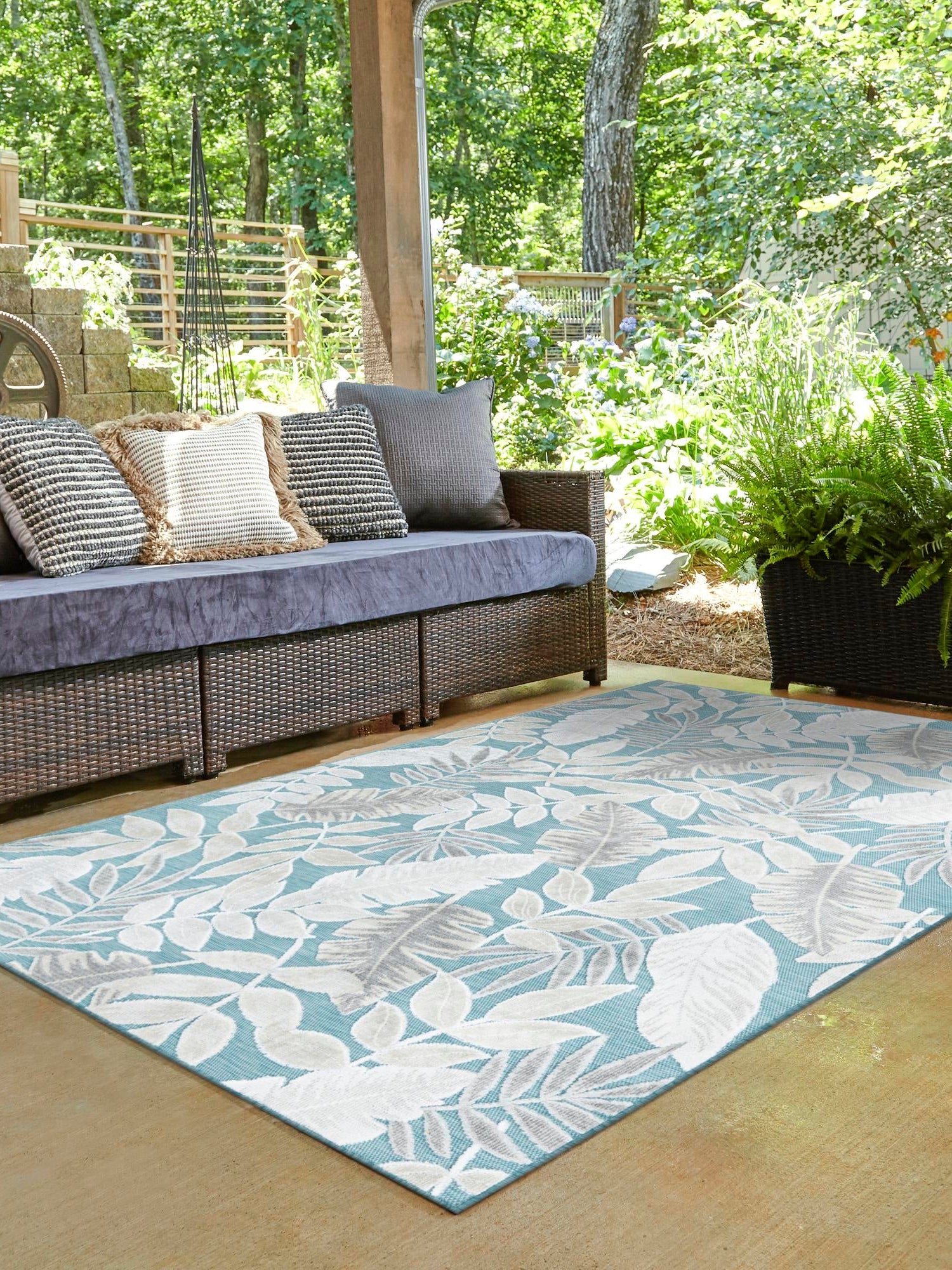 Light Blue 5' 2 x 8' Outdoor Botanical Rectangle Area Rug Weather Resistant for Patio, Deck, Terrace, Balcony, Porch Polypropylene Garden Floral Tropical Carpet for Sale at Rug Engine