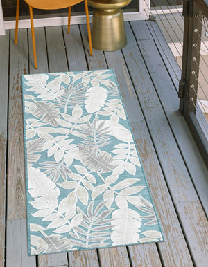 Light Blue 2' 2 x 8' Outdoor Botanical Runner Area Rug Weather Resistant for Patio, Deck, Terrace, Balcony, Porch Polypropylene Garden Floral Tropical Carpet for Sale at Rug Engine