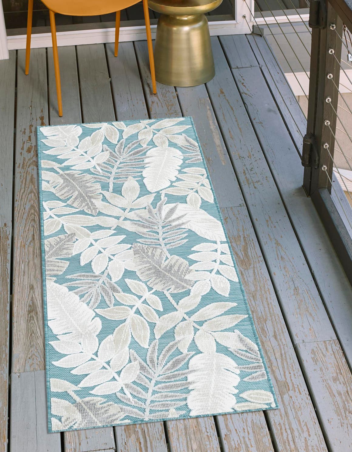 Light Blue 2' 7 x 12' Outdoor Botanical Runner Area Rug Weather Resistant for Patio, Deck, Terrace, Balcony, Porch Polypropylene Garden Floral Tropical Carpet for Sale at Rug Engine