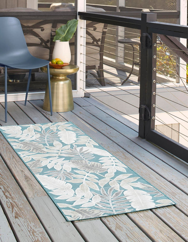 Light Blue 2' 7 x 12' Outdoor Botanical Runner Area Rug Weather Resistant for Patio, Deck, Terrace, Balcony, Porch Polypropylene Garden Floral Tropical Carpet for Sale at Rug Engine