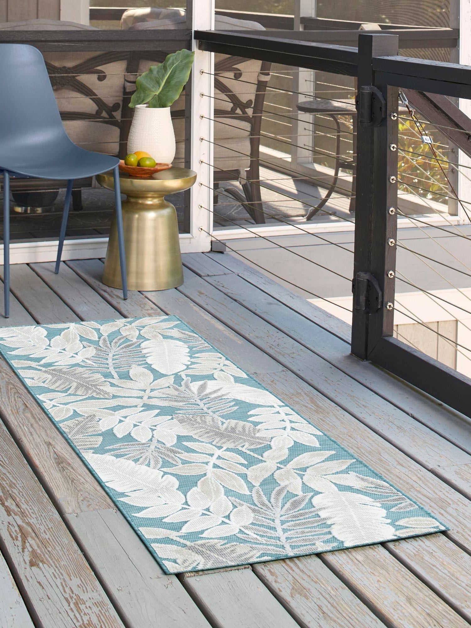 Light Blue 2' 2 x 8' Outdoor Botanical Runner Area Rug Weather Resistant for Patio, Deck, Terrace, Balcony, Porch Polypropylene Garden Floral Tropical Carpet for Sale at Rug Engine