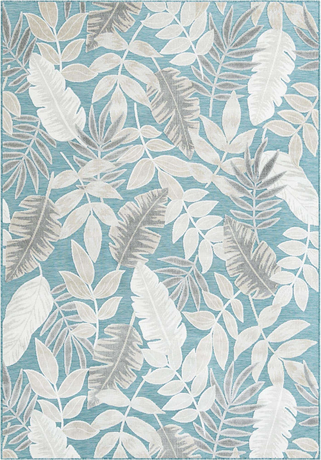 Light Blue 6' 4 x 9' Outdoor Botanical Rectangle Area Rug Weather Resistant for Patio, Deck, Terrace, Balcony, Porch Polypropylene Garden Floral Tropical Carpet for Sale at Rug Engine