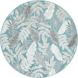 Light Blue 8' 2 x 8' 2 Outdoor Botanical Round Area Rug Weather Resistant for Patio, Deck, Terrace, Balcony, Porch Polypropylene Garden Floral Tropical Carpet for Sale at Rug Engine