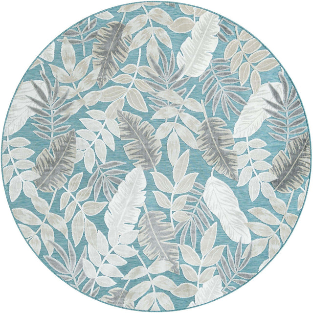 Light Blue 8' 2 x 8' 2 Outdoor Botanical Round Area Rug Weather Resistant for Patio, Deck, Terrace, Balcony, Porch Polypropylene Garden Floral Tropical Carpet for Sale at Rug Engine