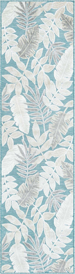 Light Blue 2' 2 x 8' Outdoor Botanical Runner Area Rug Weather Resistant for Patio, Deck, Terrace, Balcony, Porch Polypropylene Garden Floral Tropical Carpet for Sale at Rug Engine