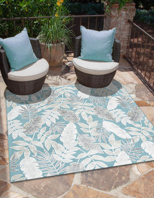 Light Blue 8' 2 x 8' 2 Outdoor Botanical Square Area Rug Weather Resistant for Patio, Deck, Terrace, Balcony, Porch Polypropylene Garden Floral Tropical Carpet for Sale at Rug Engine