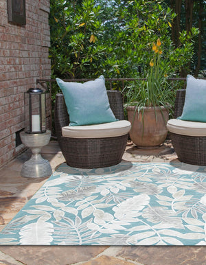 Light Blue 8' 2 x 8' 2 Outdoor Botanical Square Area Rug Weather Resistant for Patio, Deck, Terrace, Balcony, Porch Polypropylene Garden Floral Tropical Carpet for Sale at Rug Engine