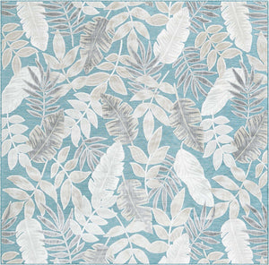 Light Blue 8' 2 x 8' 2 Outdoor Botanical Square Area Rug Weather Resistant for Patio, Deck, Terrace, Balcony, Porch Polypropylene Garden Floral Tropical Carpet for Sale at Rug Engine