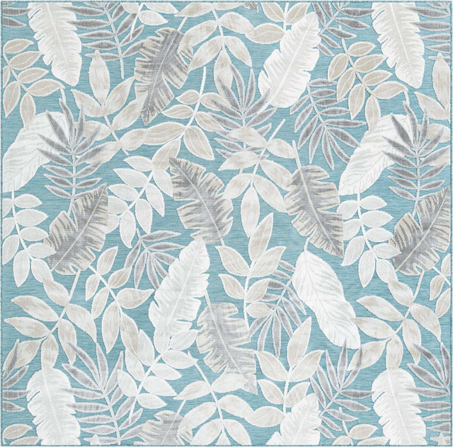 Light Blue 8' 2 x 8' 2 Outdoor Botanical Square Area Rug Weather Resistant for Patio, Deck, Terrace, Balcony, Porch Polypropylene Garden Floral Tropical Carpet for Sale at Rug Engine