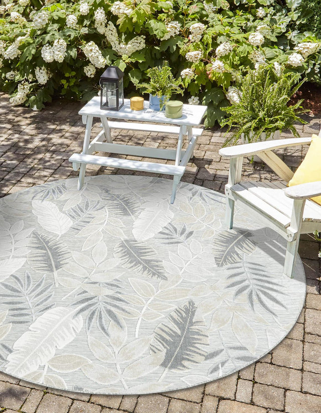 Gray 8' 2 x 8' 2 Outdoor Botanical Round Area Rug Weather Resistant for Patio, Deck, Terrace, Balcony, Porch Polypropylene Garden Floral Tropical Carpet for Sale at Rug Engine